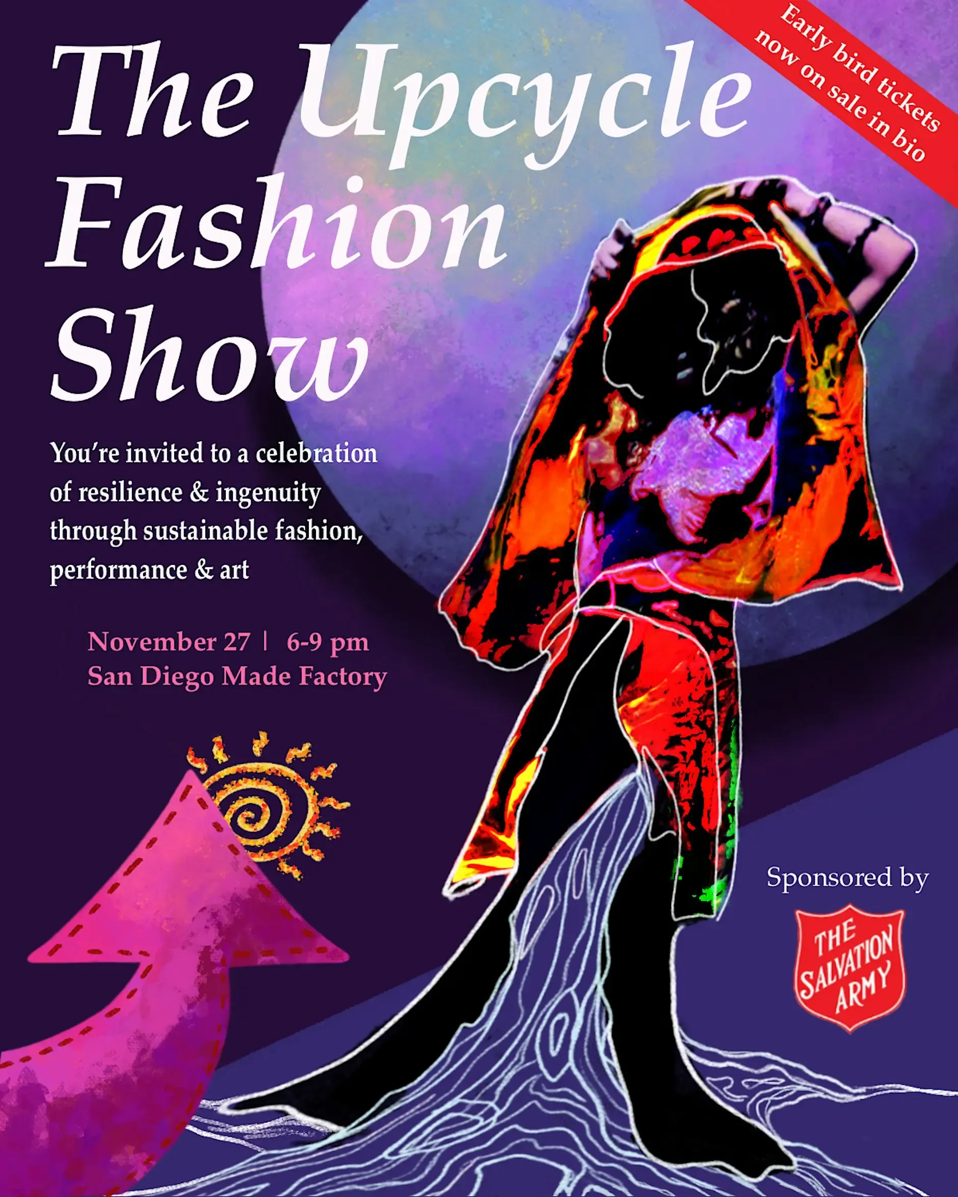 Poster for the Upcycle Fashion Show. A woman in colorful garments dances in front of a big blue moon.
